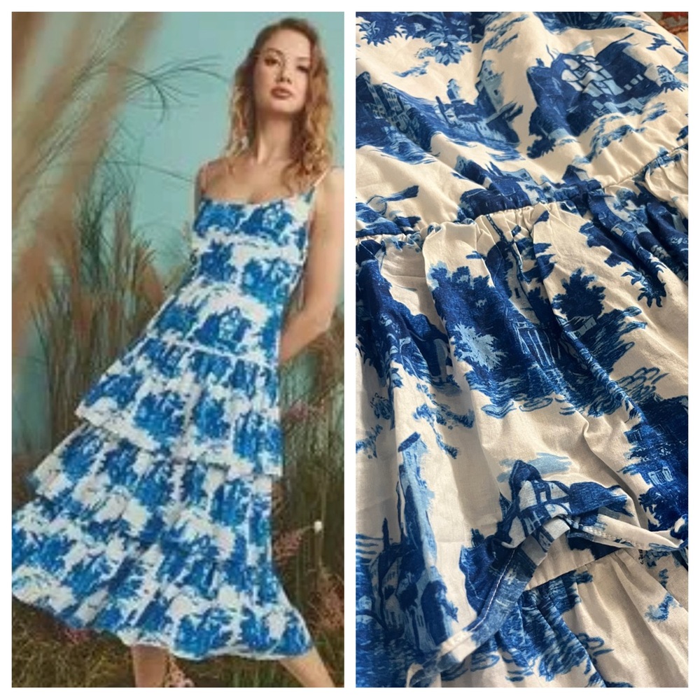 Cara Cara Mary Lou Dress blue countryside scene tiered adjustable strap cotton S